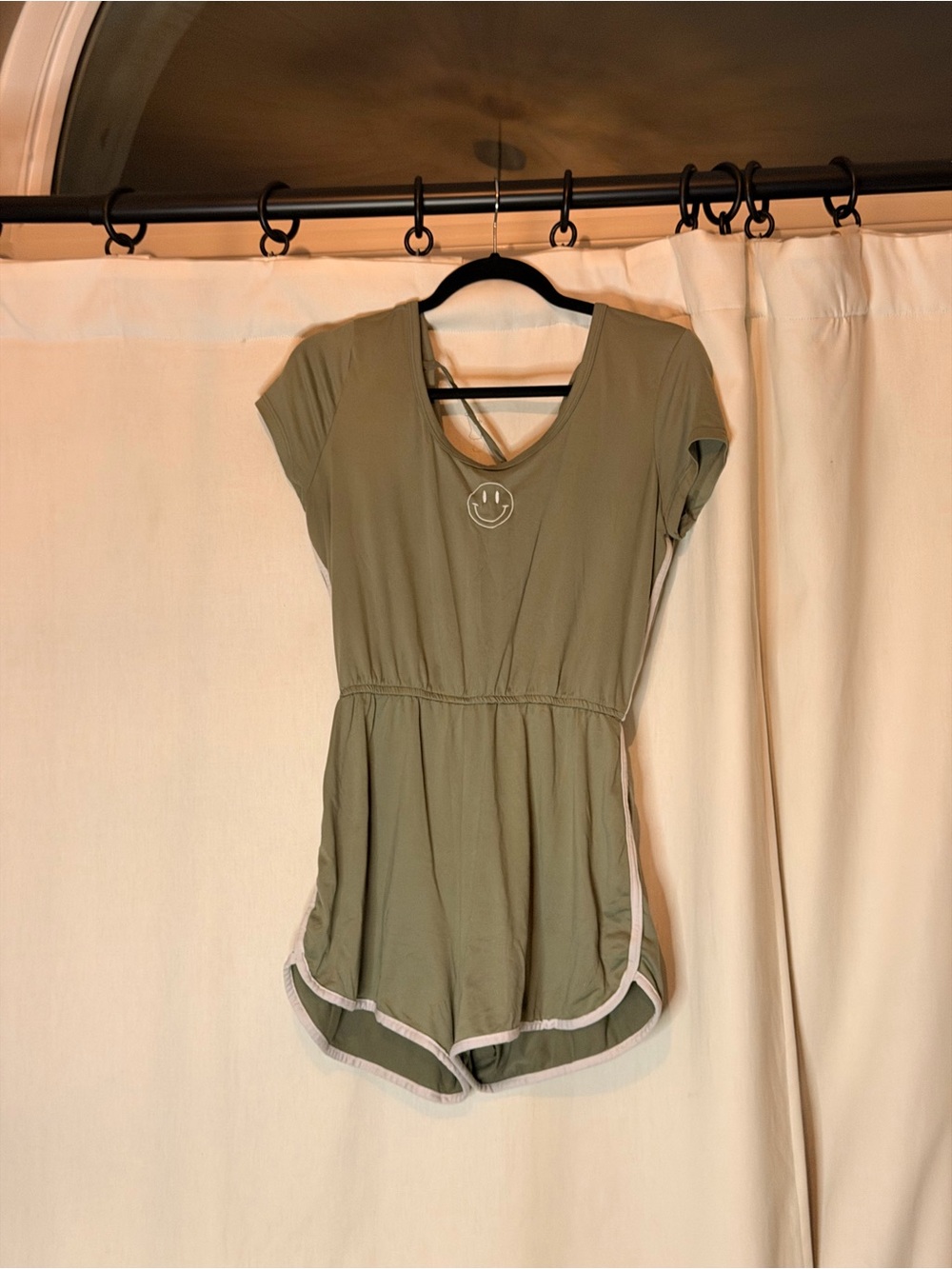 Olive Green Short-Sleeve Romper with Contrast Trim